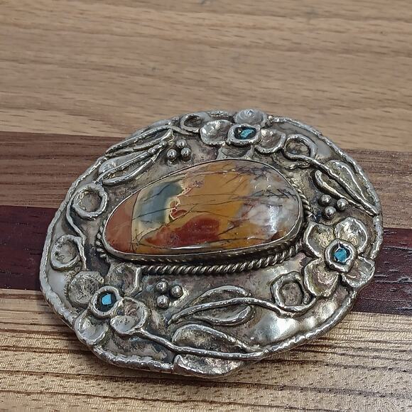 Paige Wallace Belt Buckle Turquoise and Agate Gemstone 4x3 80s VTG German Silver